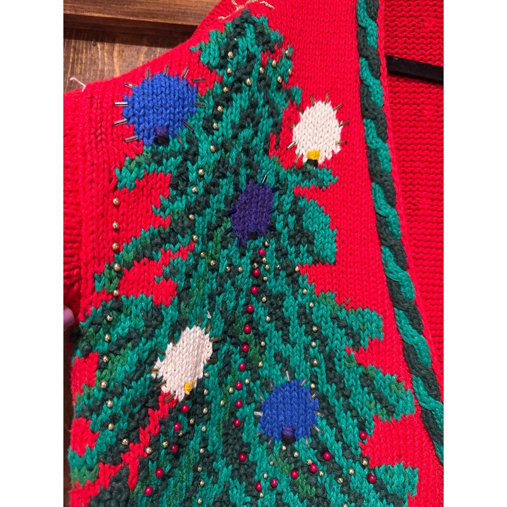 Vintage Capezio Christmas Cardigan Red Santa Tree Teddy Bear Jingle Bell Medium - Picture 5 of 7
